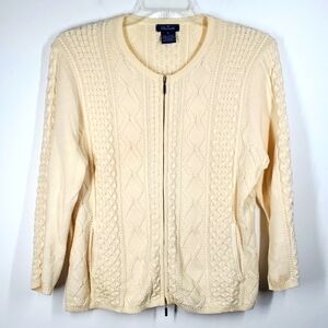 Vintage Faconnable Cotton Off White Cable Knit Zippered Sweater XL